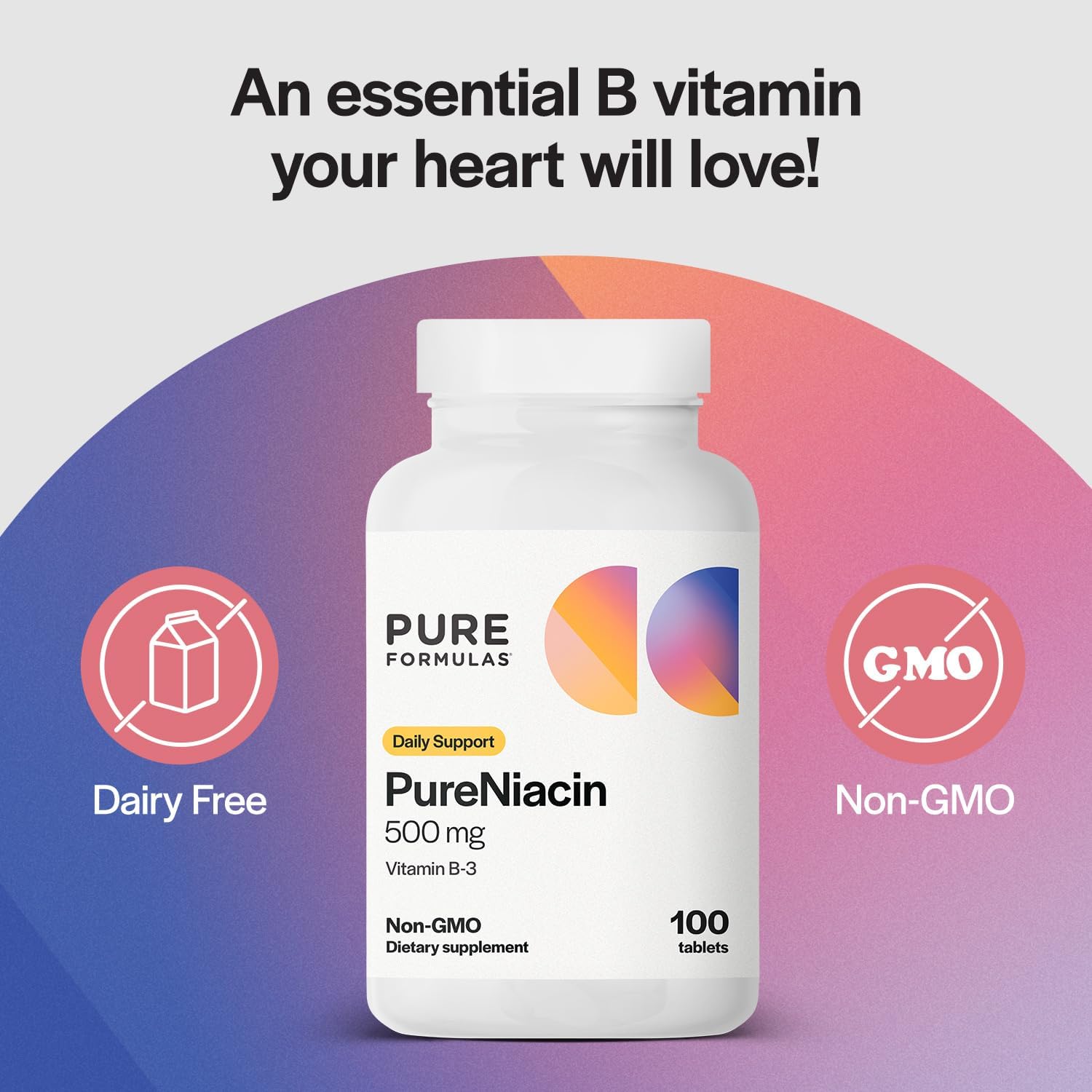 Niacin 500mg Immediate Release Nicotinic Acid Supplement - 100 Tablets - Non-GMO Vitamin B3 by PureFormulas