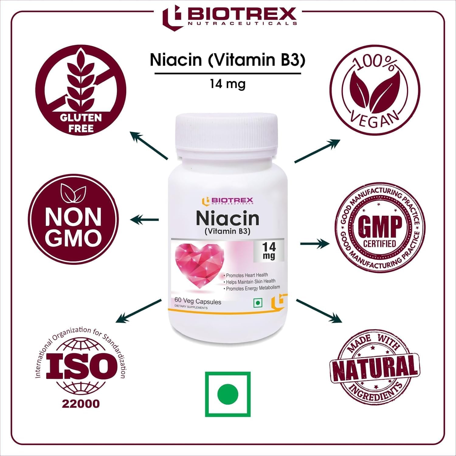 Niacin and Inositol Supplement - 60 Veg Capsules, 14mg B3 Vitamin, Natural Formula