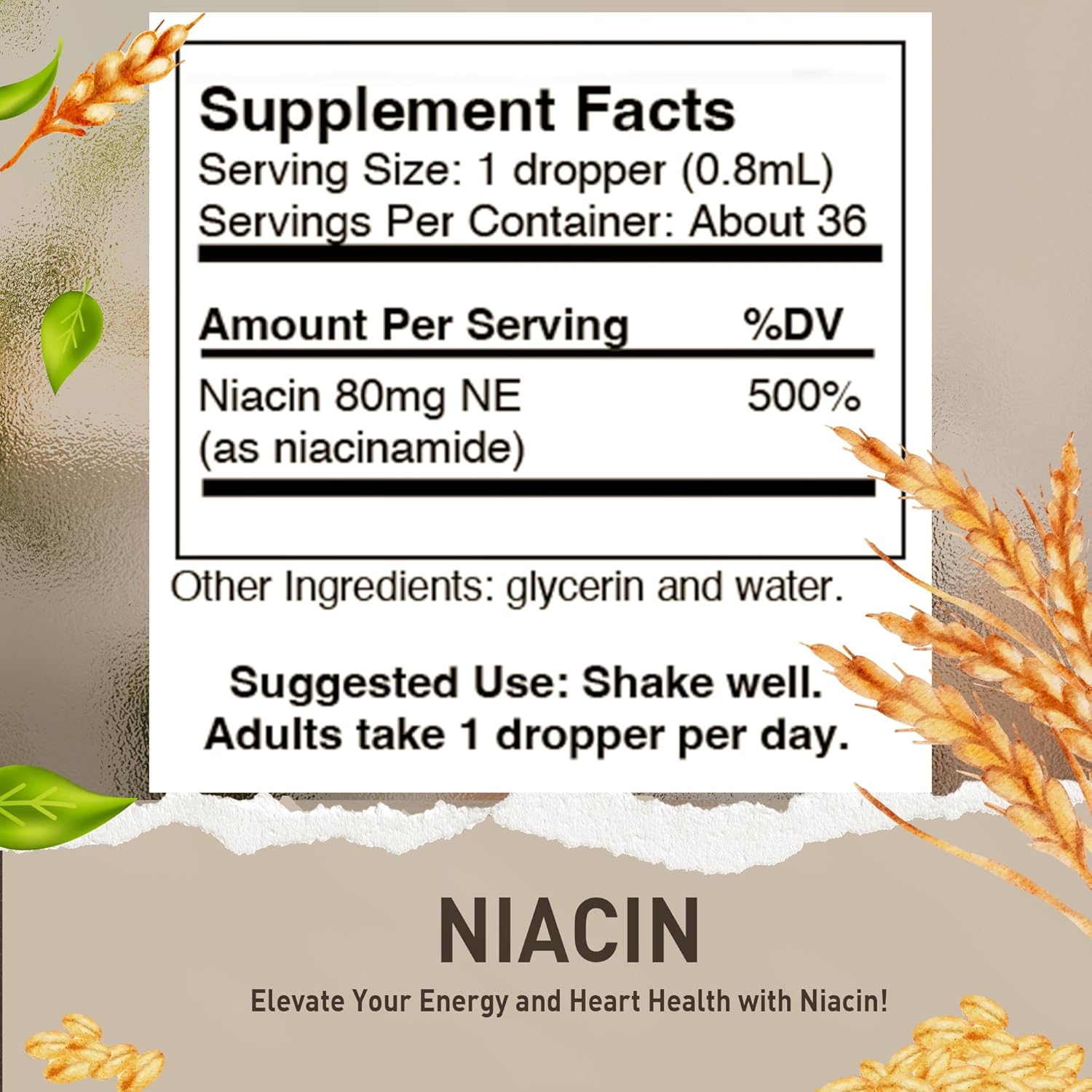 Niacin Drops 80mg - Liquid Vitamin B3 Supplement - Alcohol-Free, Non-GMO - 1oz