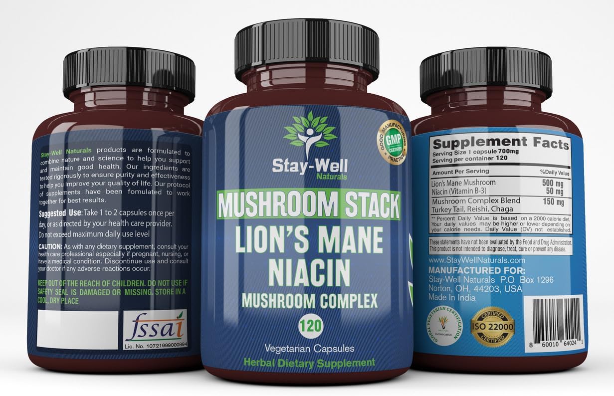 Niacin Lion Mane Mushroom Supplement Capsules with Turkey Tail, Chaga, and Reishi Extracts - Stay-Well Naturals Mushroom Complex Capsules