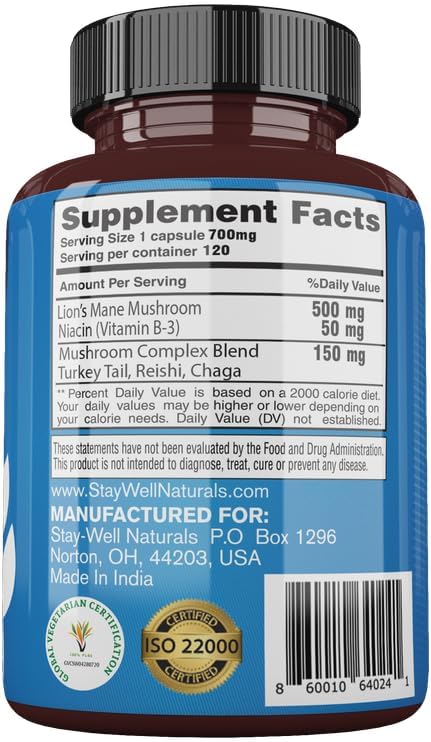 Niacin Lion Mane Mushroom Supplement Capsules with Turkey Tail, Chaga, and Reishi Extracts - Stay-Well Naturals Mushroom Complex Capsules