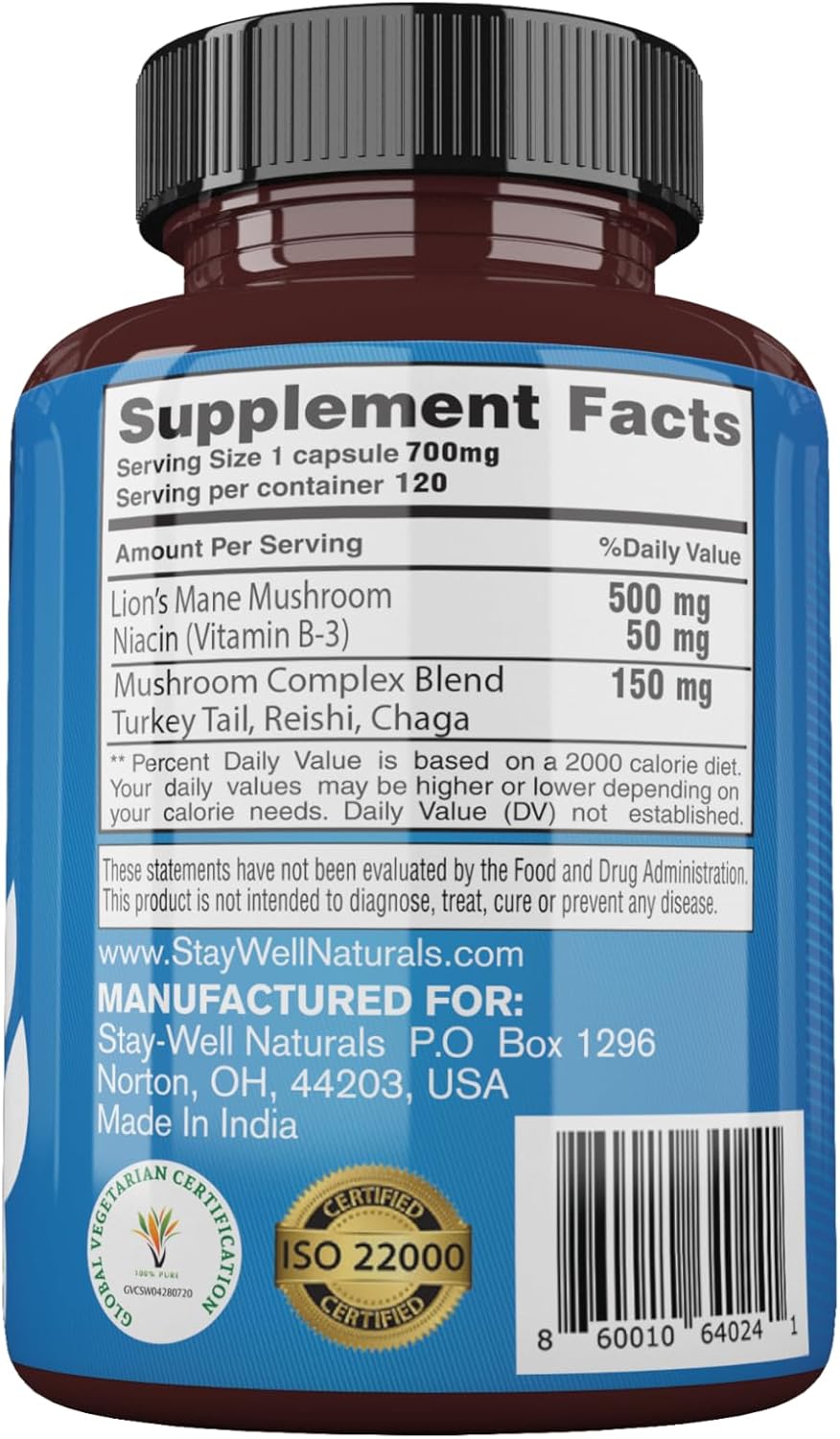 Niacin Lion Mane Mushroom Supplement Capsules with Turkey Tail, Chaga, and Reishi Extracts - Stay-Well Naturals Mushroom Complex Capsules
