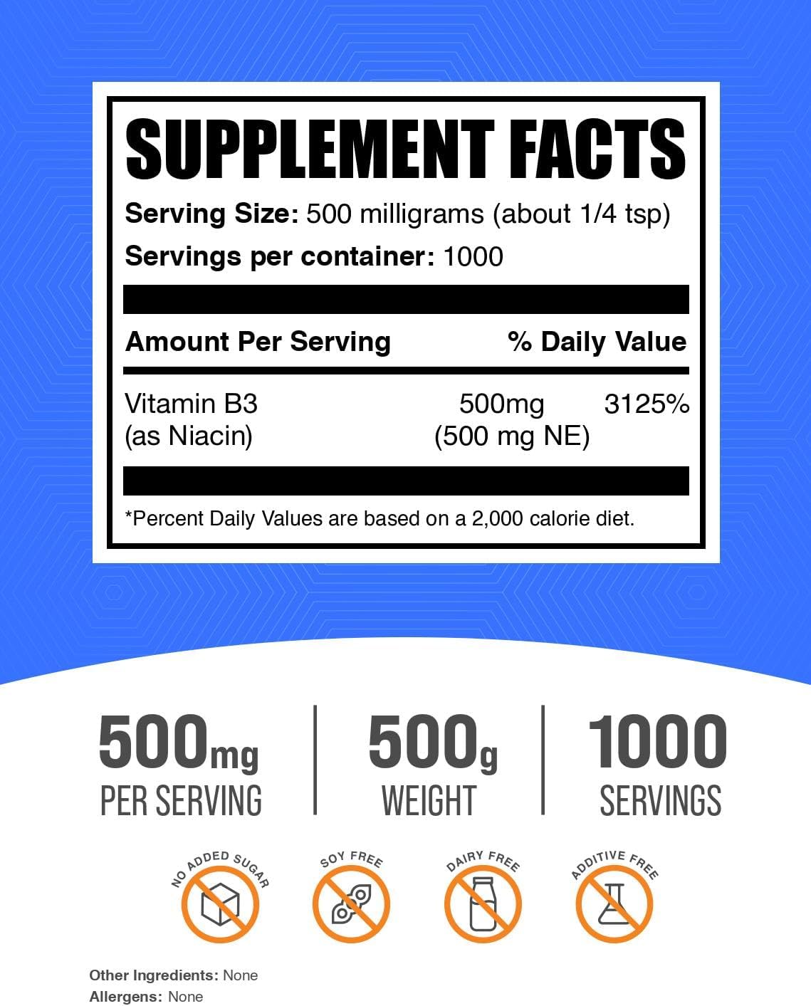 Niacin Powder - Vitamin B3 Supplement 500mg - Niacin Flush with Flushing - Gluten Free - 500g (1.1 lbs) Pack of 1