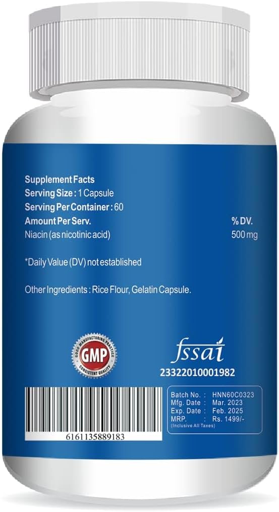 Niacin (Vitamin B3) 500mg Capsules - Non-GMO, Gluten Free, 60 Vegetarian Capsules