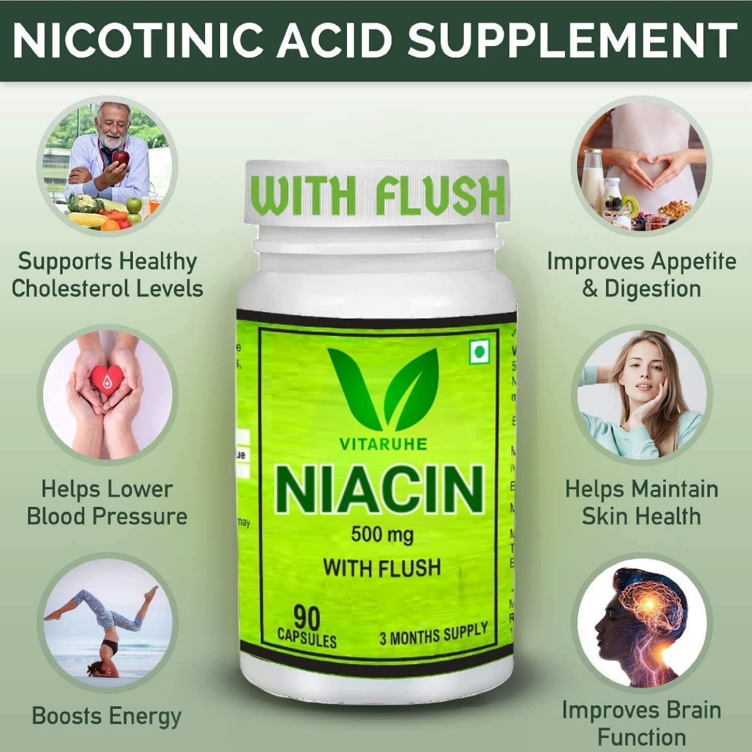 Niacin (Vitamin B3) Capsules - 90 Count, Flush-Free, Non-GMO, Gluten-Free