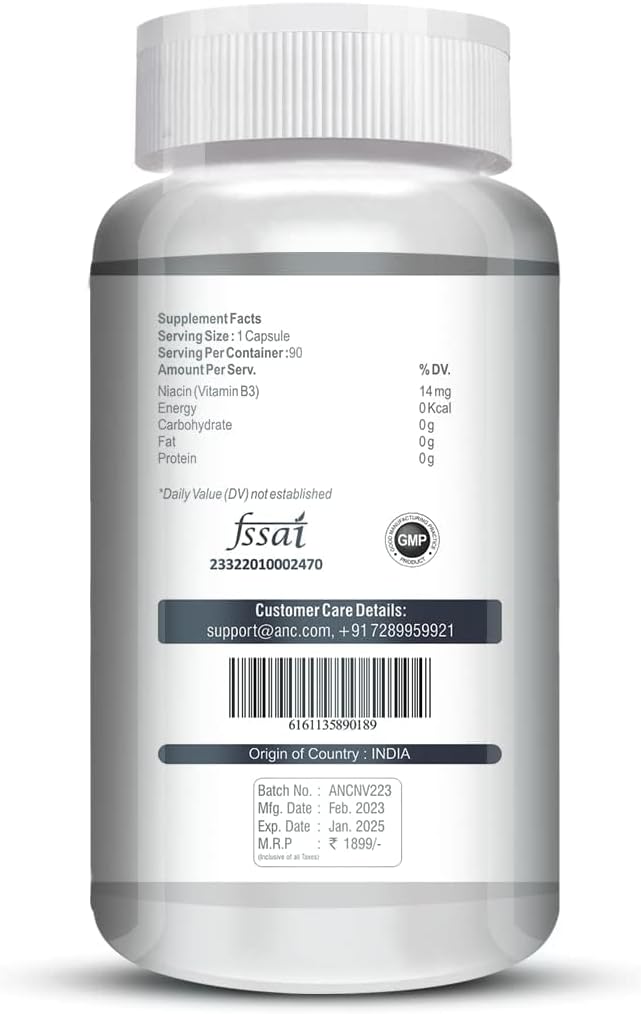 Niacin Vitamin B3 Capsules - 90 Count, Flush-Free, Non-GMO, Gluten-Free