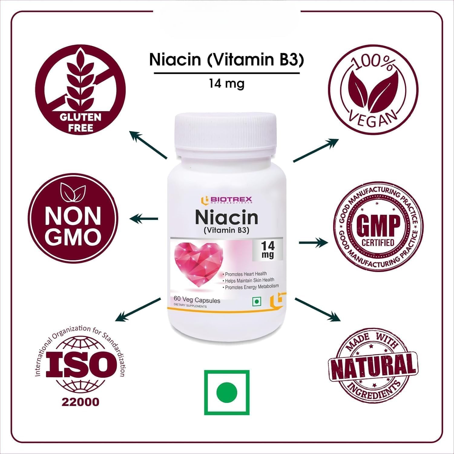 Niacin Vitamin B3 Supplement with Inositol - 60 Veg Capsules, 14mg - AKSHAR LLC