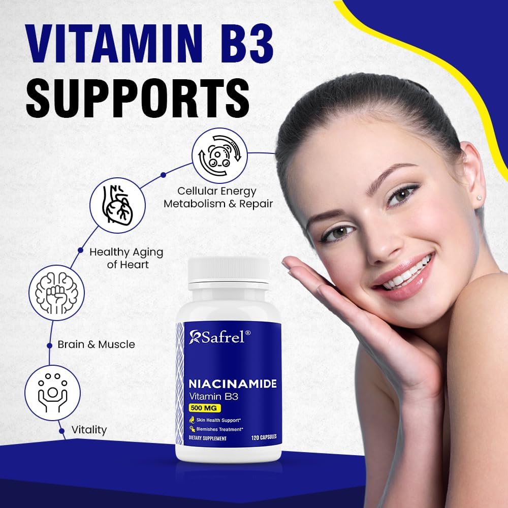 Niacinamide 500mg Capsules - Skin Health & Blemish Support - Non-GMO, Gluten-Free - Flush-Free Formula - 120 Count for Men and Women