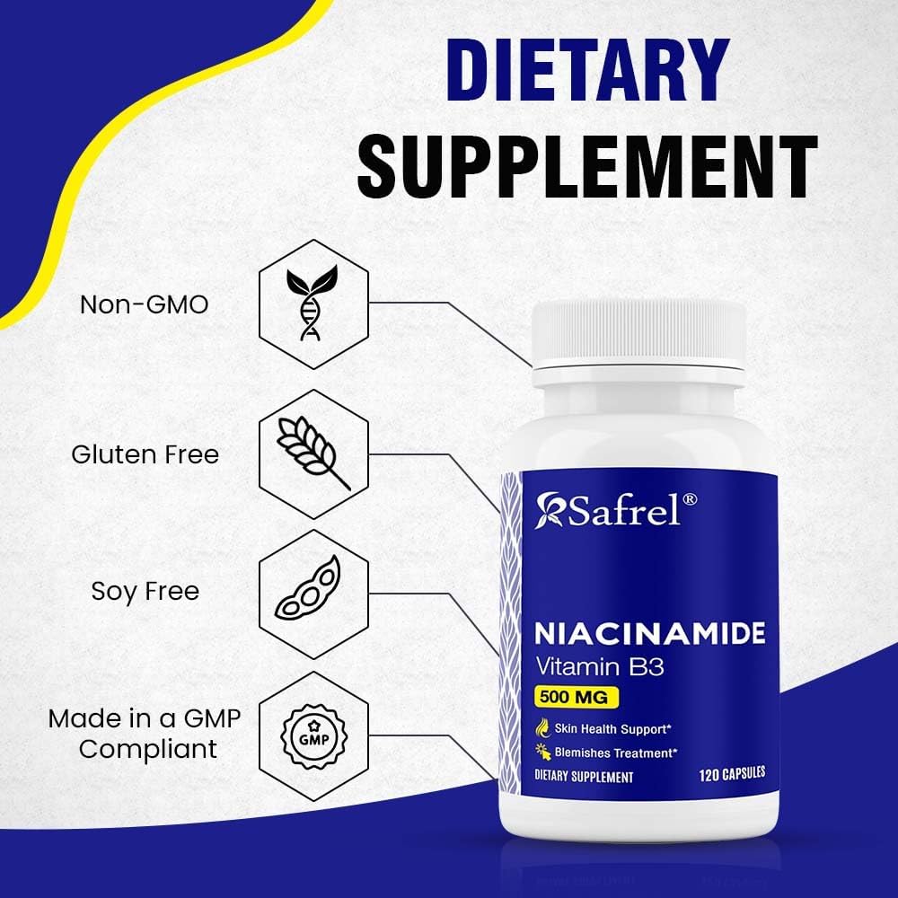 Niacinamide 500mg Capsules - Skin Health & Blemish Support - Non-GMO, Gluten-Free - Flush-Free Formula - 120 Count for Men and Women