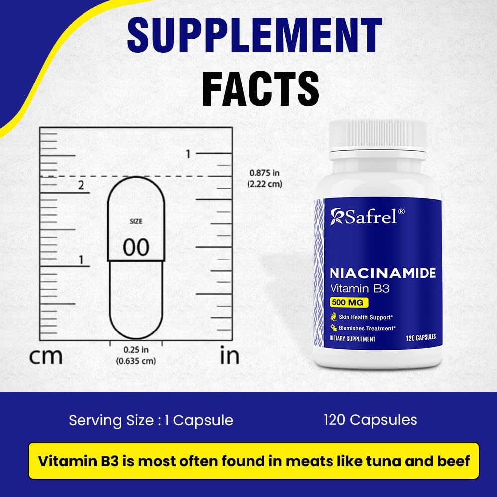 Niacinamide 500mg Capsules - Skin Health & Blemish Support - Non-GMO, Gluten-Free - Flush-Free Formula - 120 Count for Men and Women