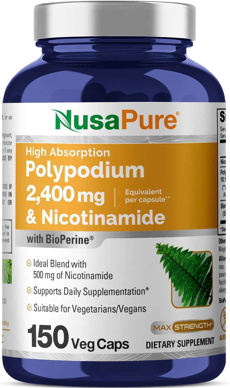Nicotinamide 500mg + Polypodium Leucotomos Extract 2400mg Capsules - 150 Count Vegan Caps - Non-GMO, Gluten Free, Bioperine