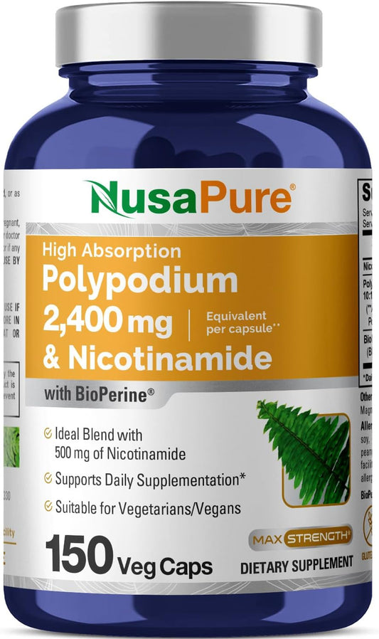 Nicotinamide 500mg + Polypodium Leucotomos Extract 2400mg Capsules - 150 Count Vegan Caps - Non-GMO, Gluten Free, Bioperine