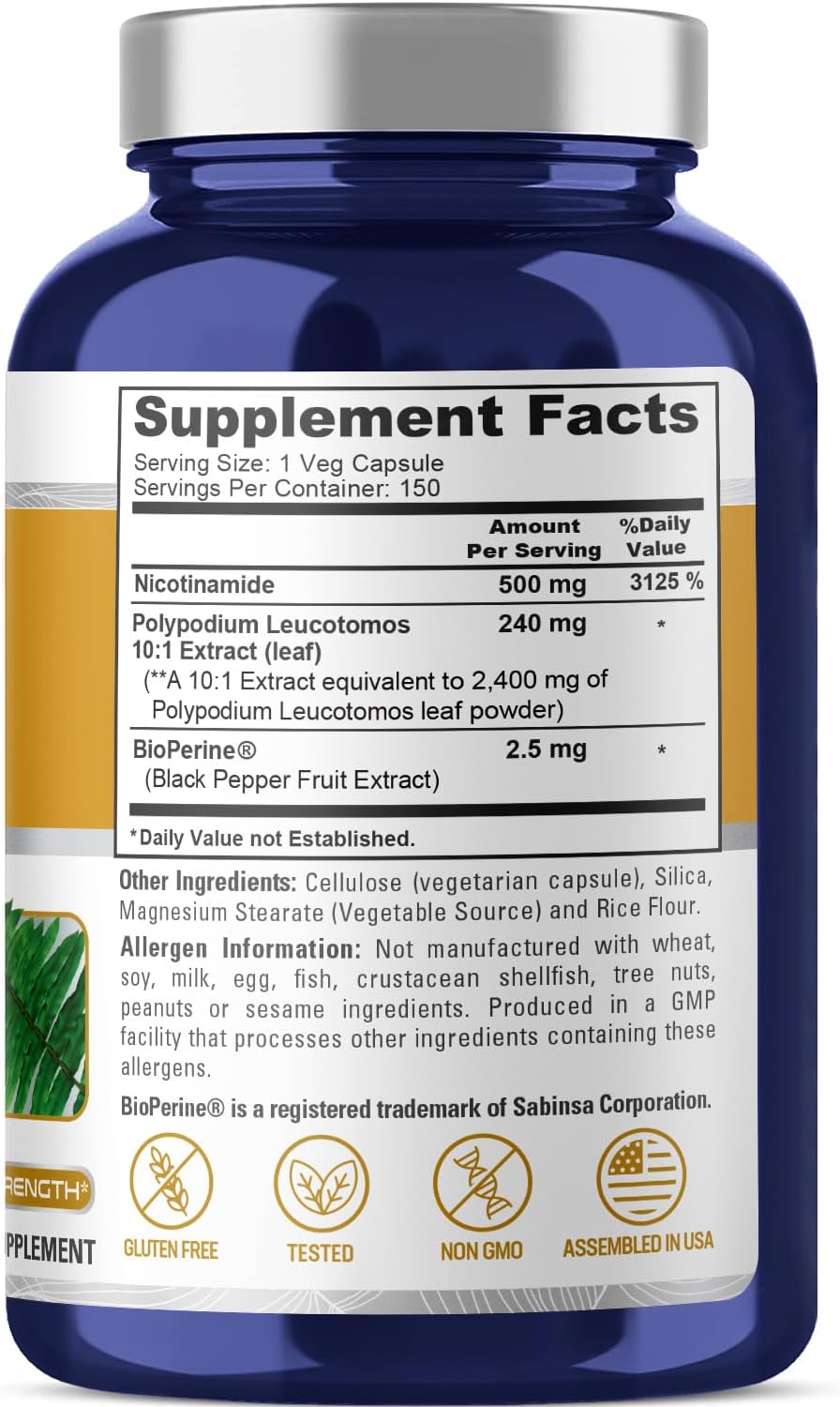 Nicotinamide 500mg + Polypodium Leucotomos Extract 2400mg Capsules - 150 Count Vegan Caps - Non-GMO, Gluten Free, Bioperine