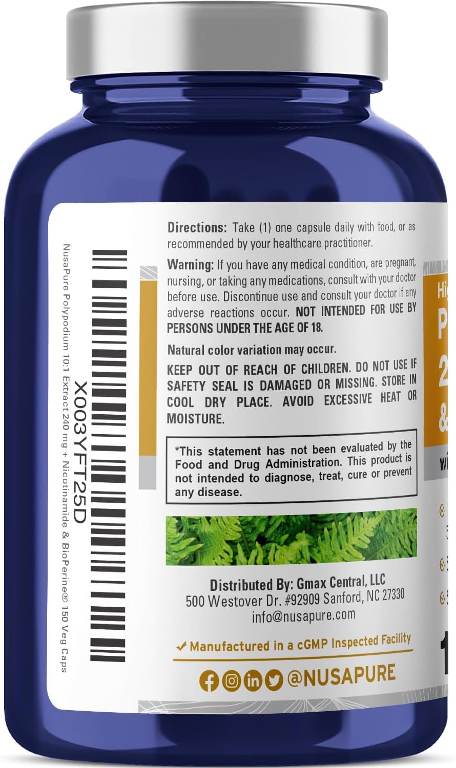 Nicotinamide 500mg + Polypodium Leucotomos Extract 2400mg Capsules - 150 Count Vegan Caps - Non-GMO, Gluten Free, Bioperine