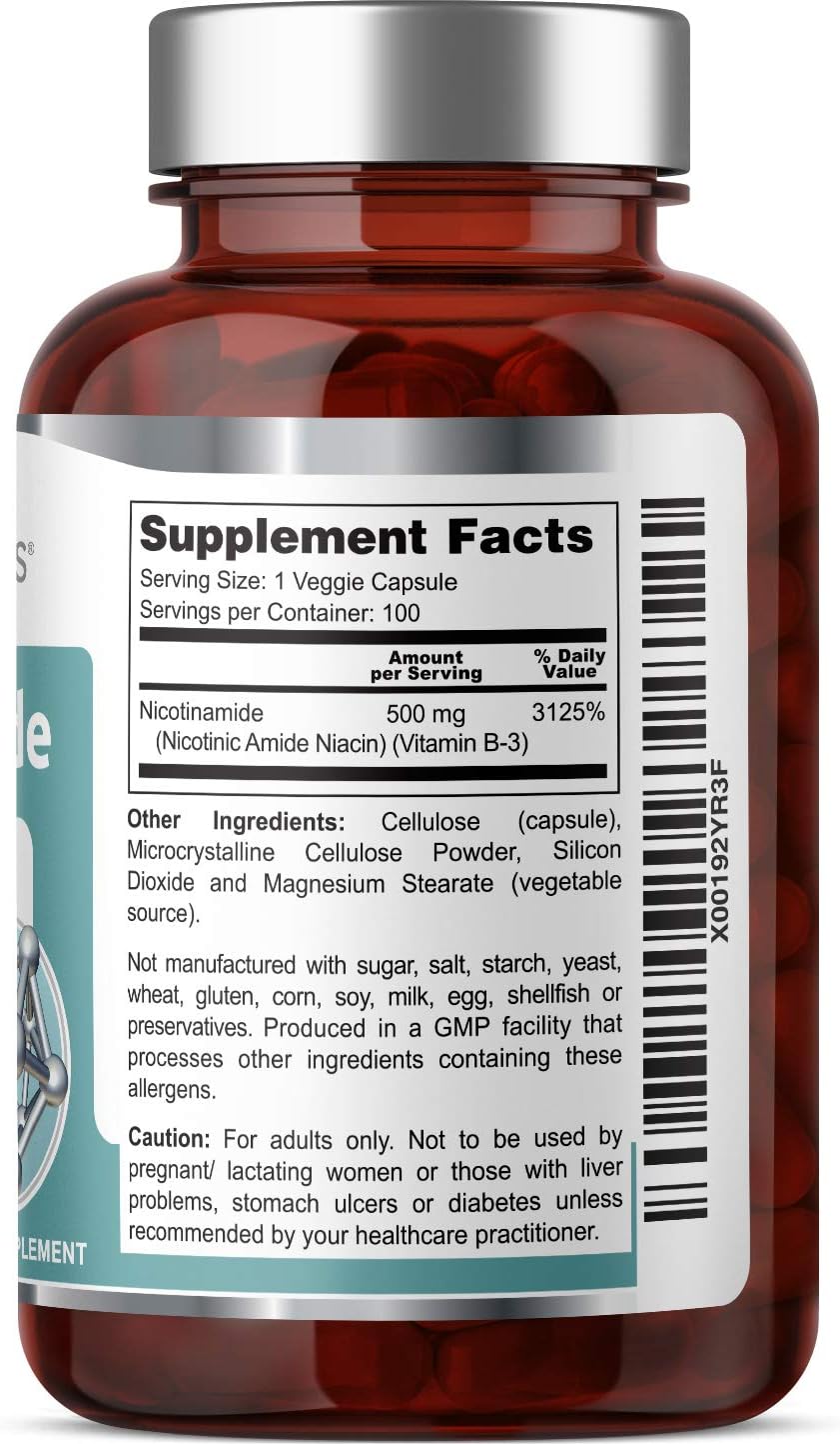 Nicotinamide 500mg Vitamin B3 Supplement for Skin Cell Health - Natural Flush-Free Formula - 100 Vcaps