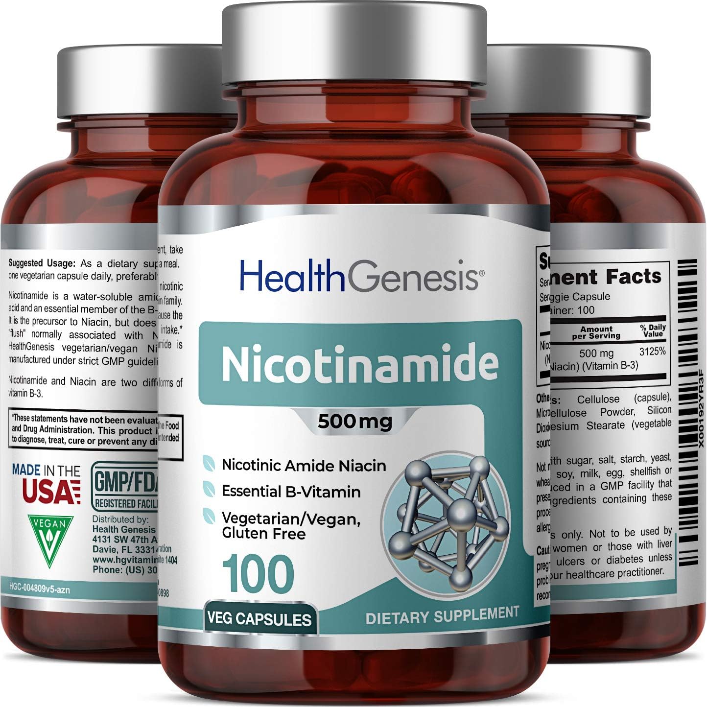 Nicotinamide 500mg Vitamin B3 Supplement for Skin Cell Health - Natural Flush-Free Formula - 100 Vcaps