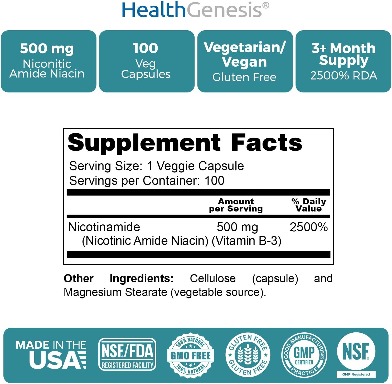 Nicotinamide 500mg Vitamin B3 Supplement for Skin Cell Health - Natural Flush-Free Formula - 100 Vcaps