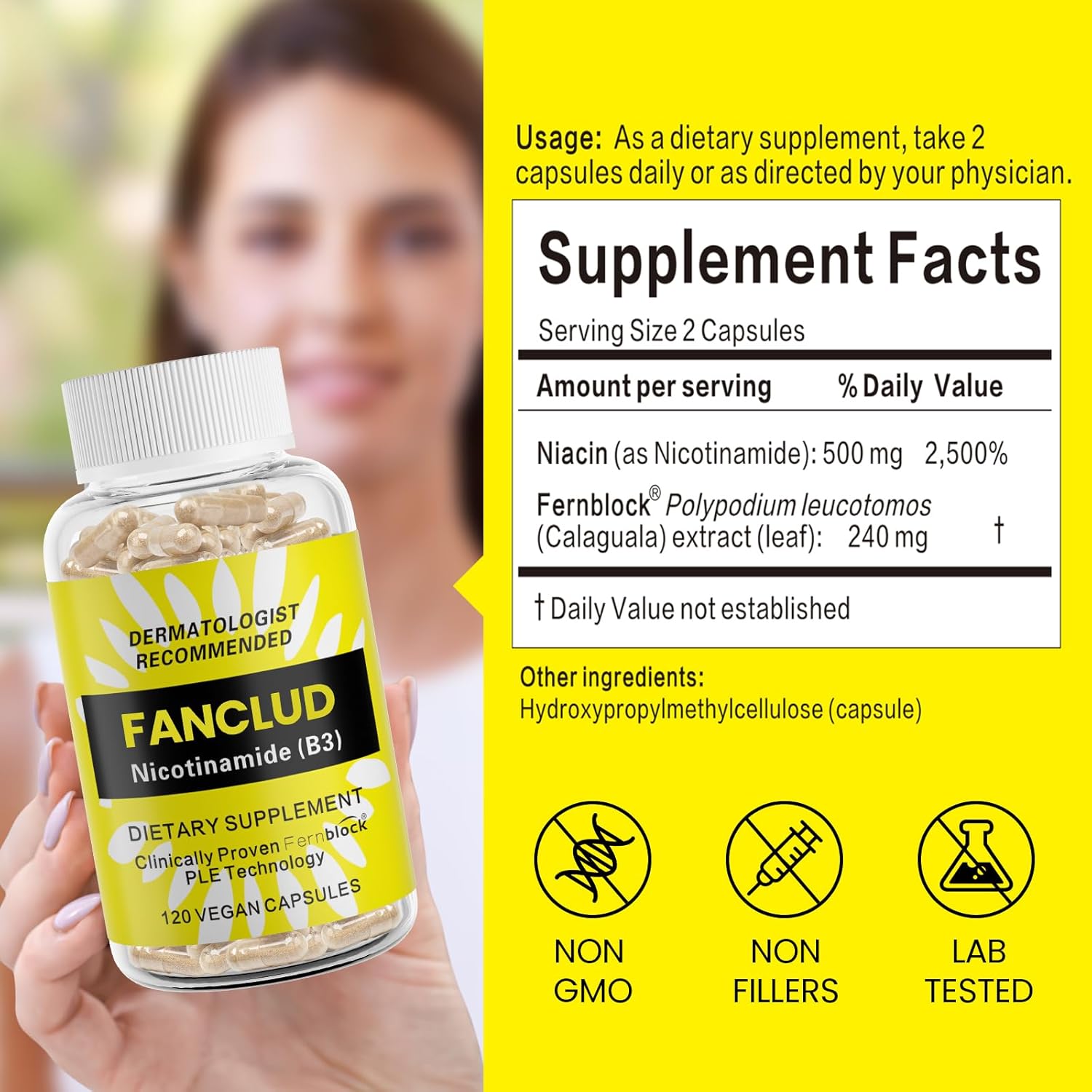 Nicotinamide Supplement B3 500 mg - 120 Capsules for Health and Wellness