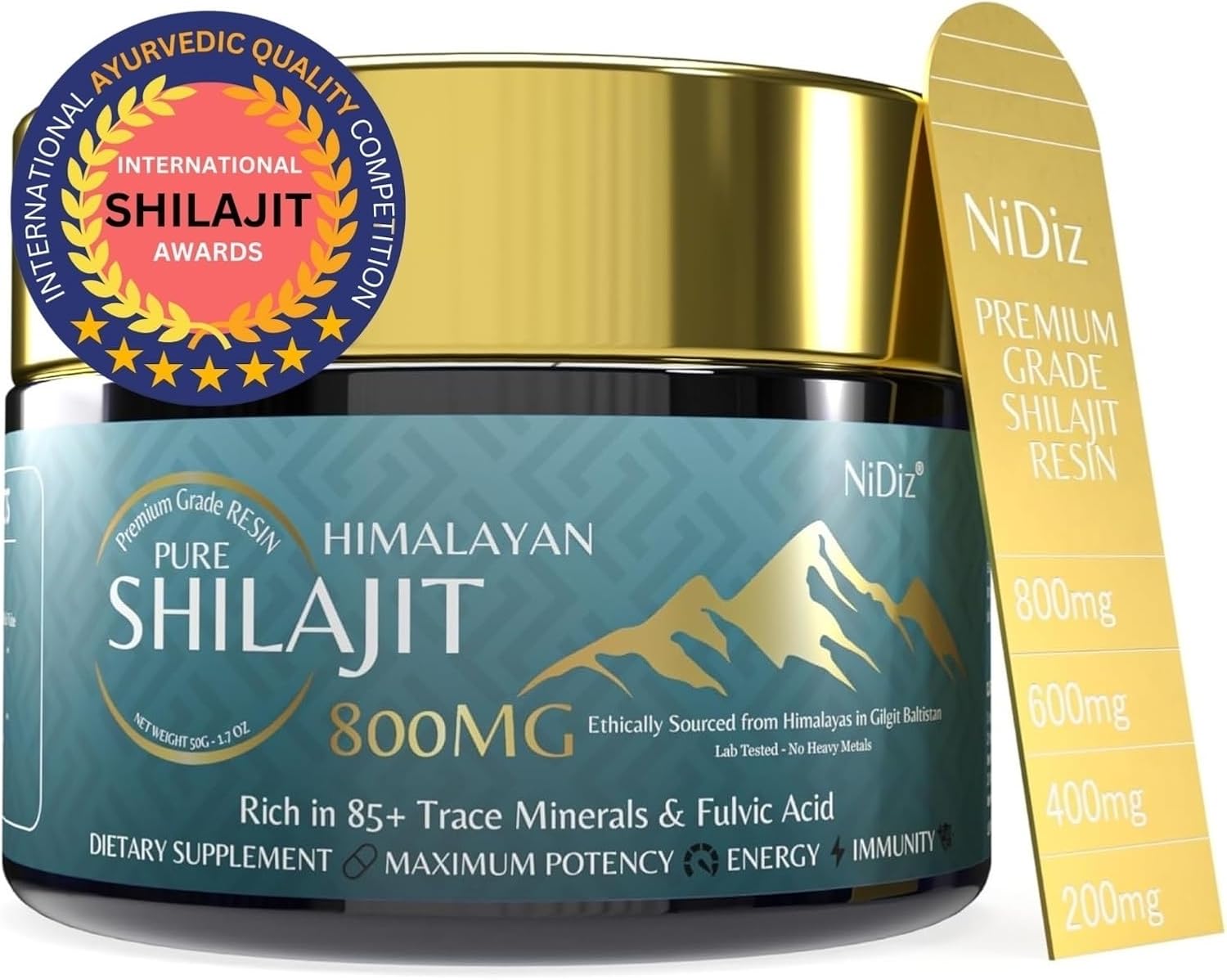 NiDiZ 800MG Shilajit Resin with 5-in-1 Ayurvedic Herbs - 100% Pure and Natural, 50g
