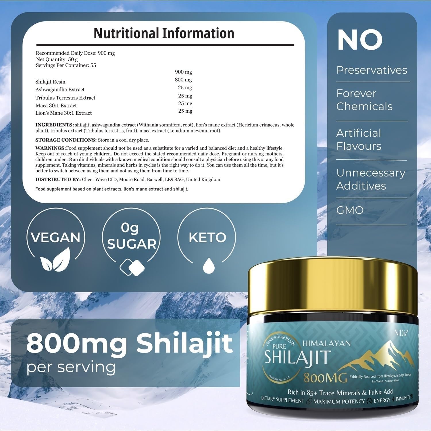 NiDiZ 800MG Shilajit Resin with 5-in-1 Ayurvedic Herbs - 100% Pure and Natural, 50g