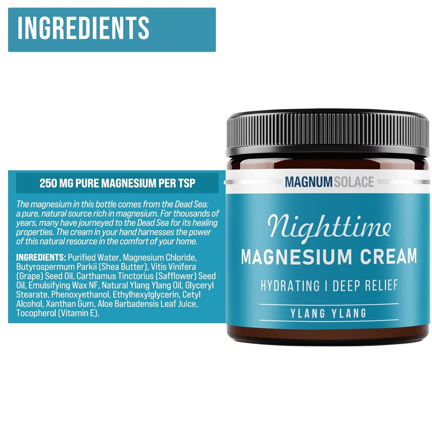 Nighttime Relief Magnesium Chloride Cream for Rest & Recovery - Safe for Kids with Ylang Ylang - Magnum Solace Magnesium Cream