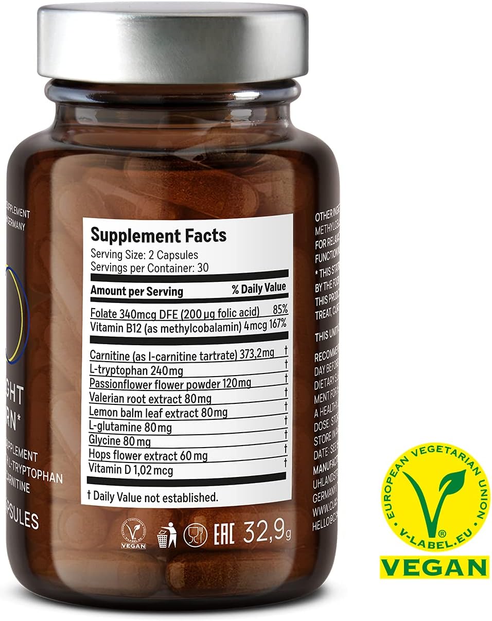 Nighttime Sleep Aid Supplement with L-Tryptophan, Valerian, and Passionflower - 60 Vegan Capsules for Men and Women