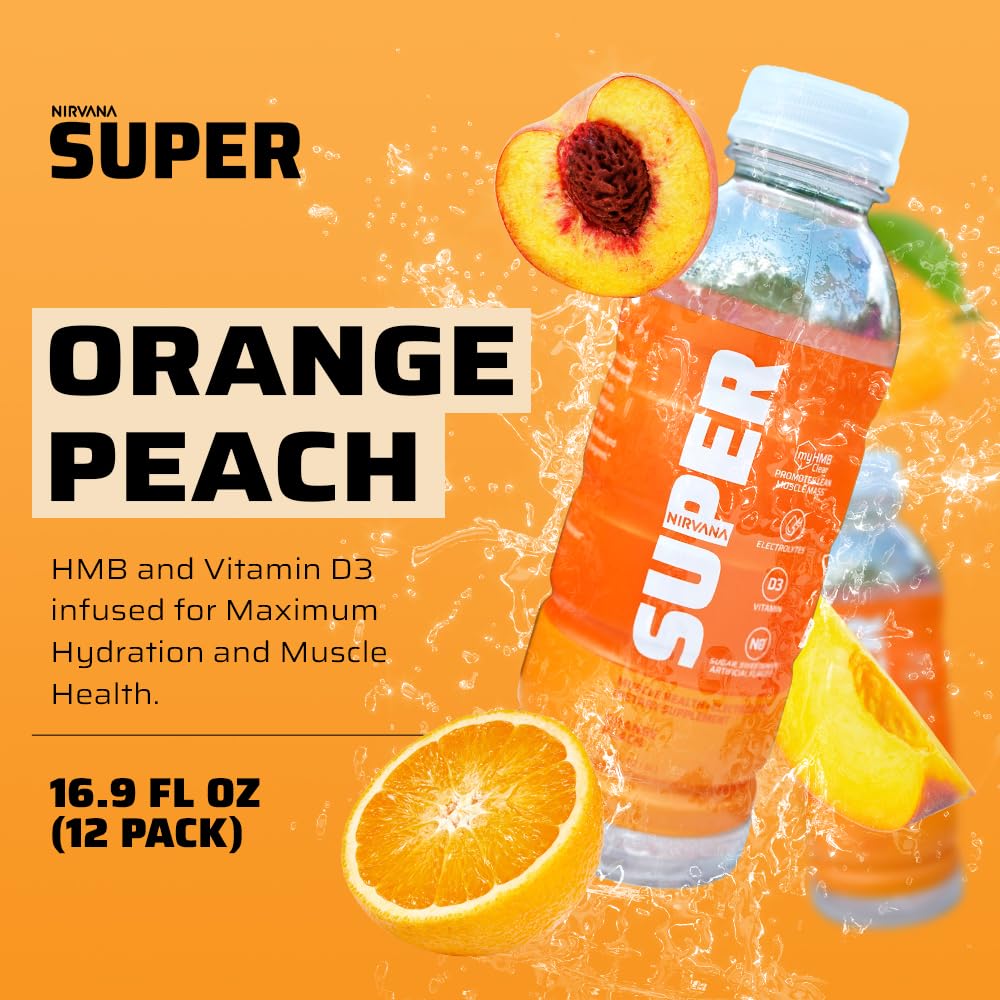 Nirvana Super Water Orange Peach - HMB Infused Vitamin D Beverage for Hydration, Muscle & Bone Support - 16.9 fl oz, 12 Bottles