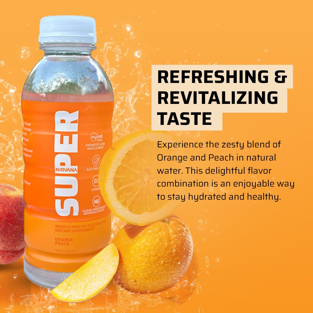 Nirvana Super Water Orange Peach - HMB Infused Vitamin D Beverage for Hydration, Muscle & Bone Support - 16.9 fl oz, 12 Bottles