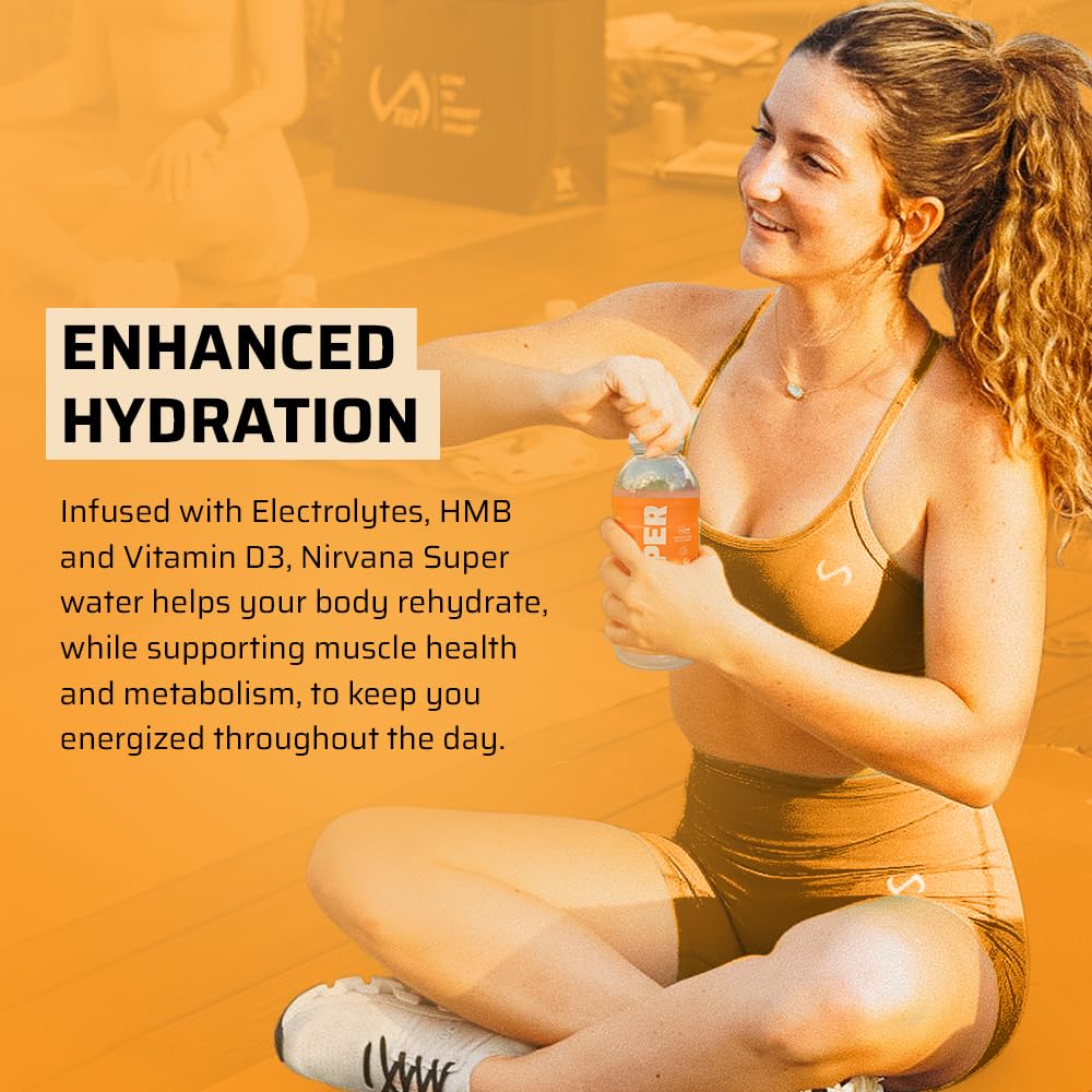 Nirvana Super Water Orange Peach - HMB Infused Vitamin D Beverage for Hydration, Muscle & Bone Support - 16.9 fl oz, 12 Bottles