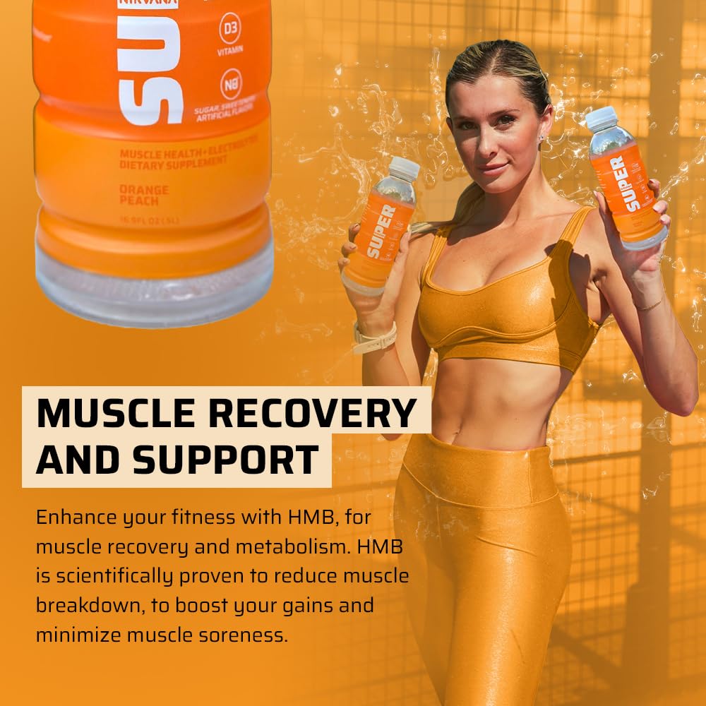 Nirvana Super Water Orange Peach - HMB Infused Vitamin D Beverage for Hydration, Muscle & Bone Support - 16.9 fl oz, 12 Bottles