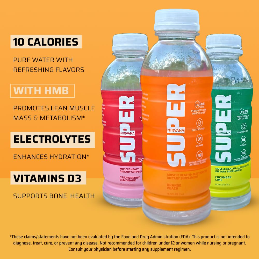 Nirvana Super Water Orange Peach - HMB Infused Vitamin D Beverage for Hydration, Muscle & Bone Support - 16.9 fl oz, 12 Bottles