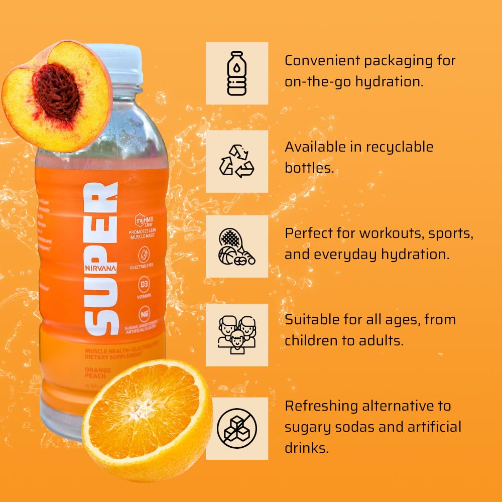 Nirvana Super Water Orange Peach - HMB Infused Vitamin D Beverage for Hydration, Muscle & Bone Support - 16.9 fl oz, 12 Bottles