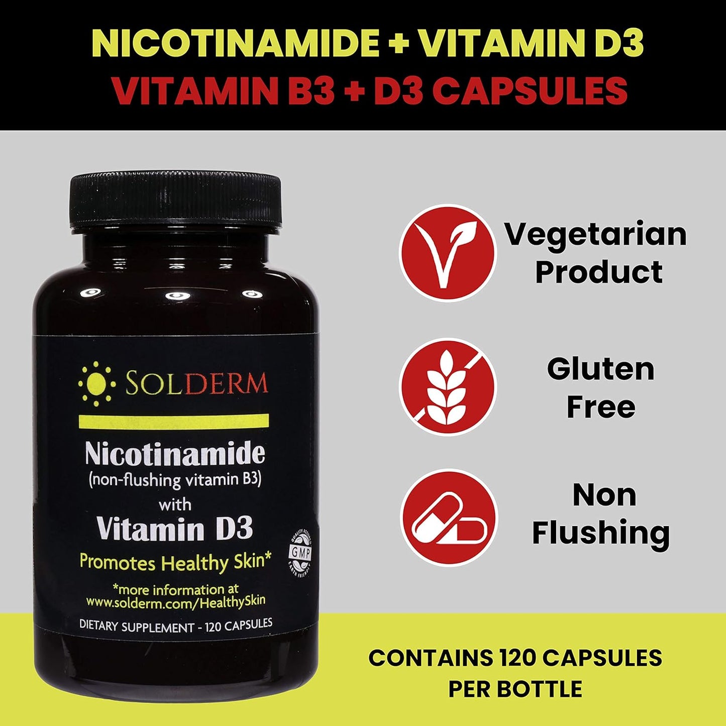 Non-Flushing Nicotinamide Vitamin B3 and D3 Supplement for Healthy Skin - 60 Capsules