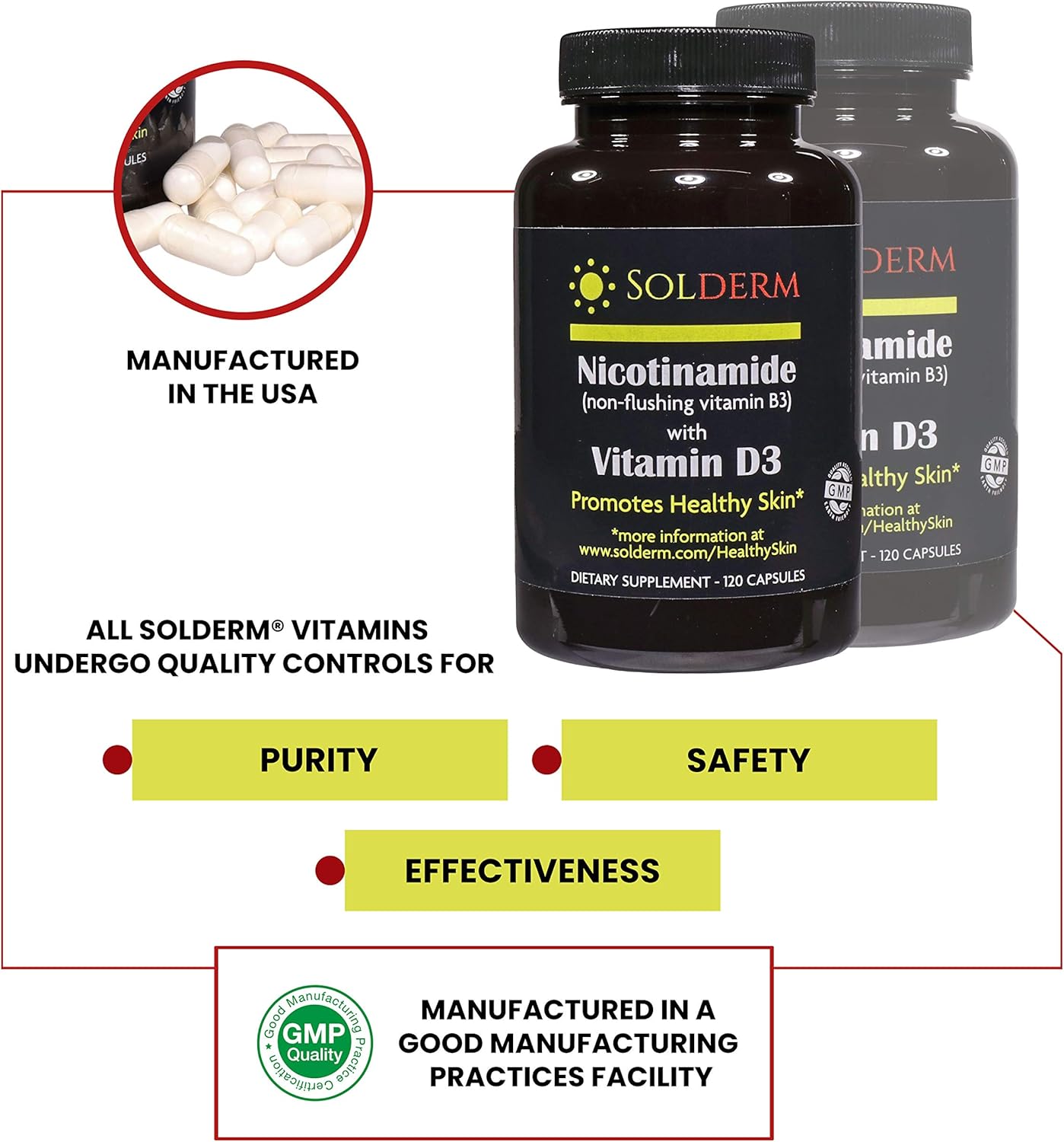 Non-Flushing Nicotinamide Vitamin B3 and D3 Supplement for Healthy Skin - 60 Capsules
