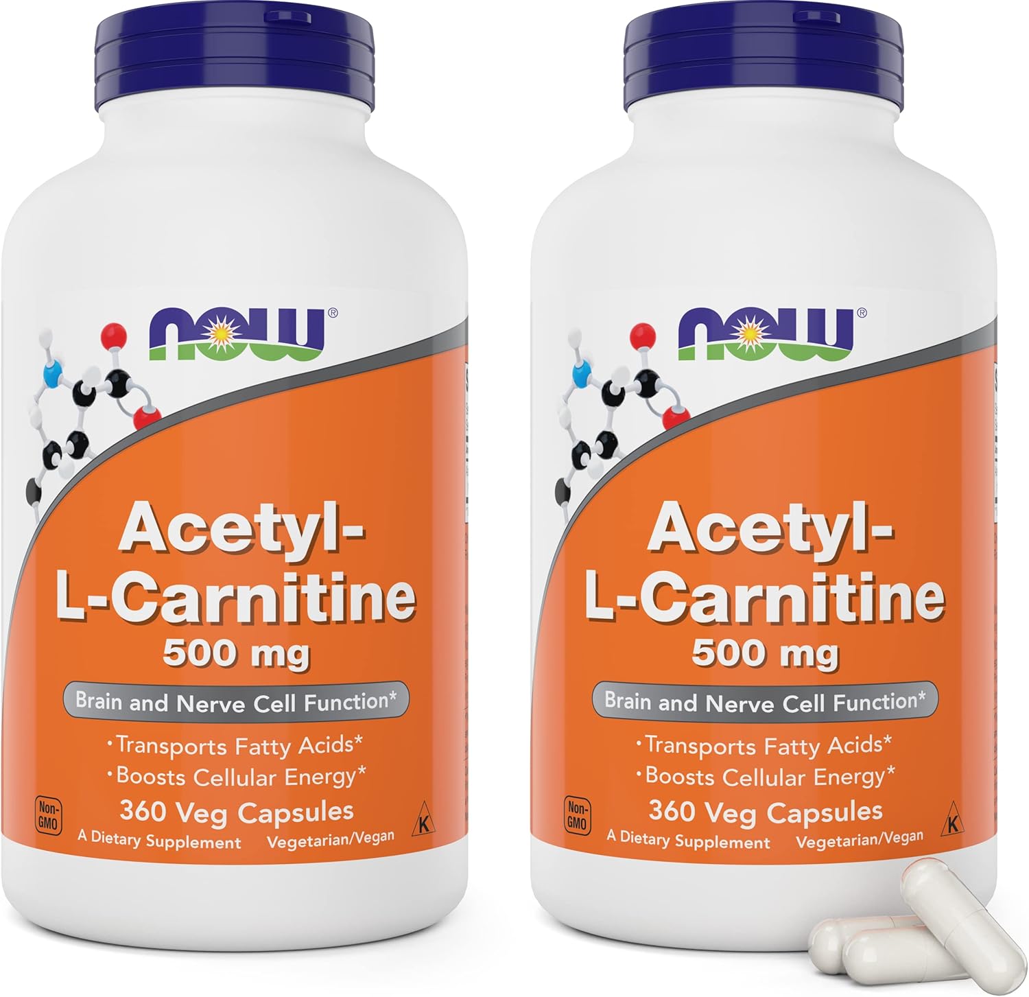 Non-GMO Acetyl L Carnitine 500mg Veg Caps - Pack of 2 - ACL 500 mg Supplement for Men and Women by NOW Foods