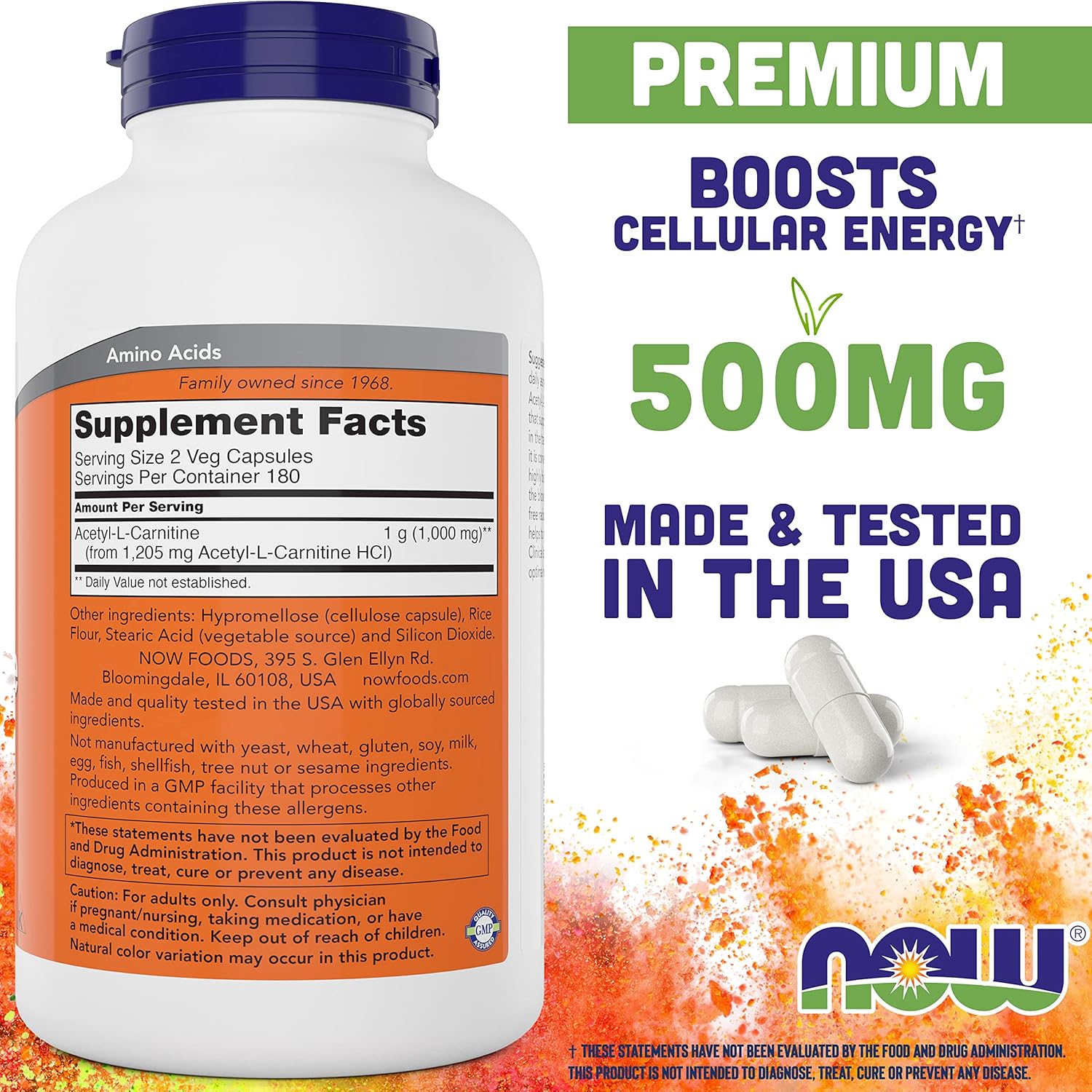 Non-GMO Acetyl L Carnitine 500mg Veg Caps - Pack of 2 - ACL 500 mg Supplement for Men and Women by NOW Foods