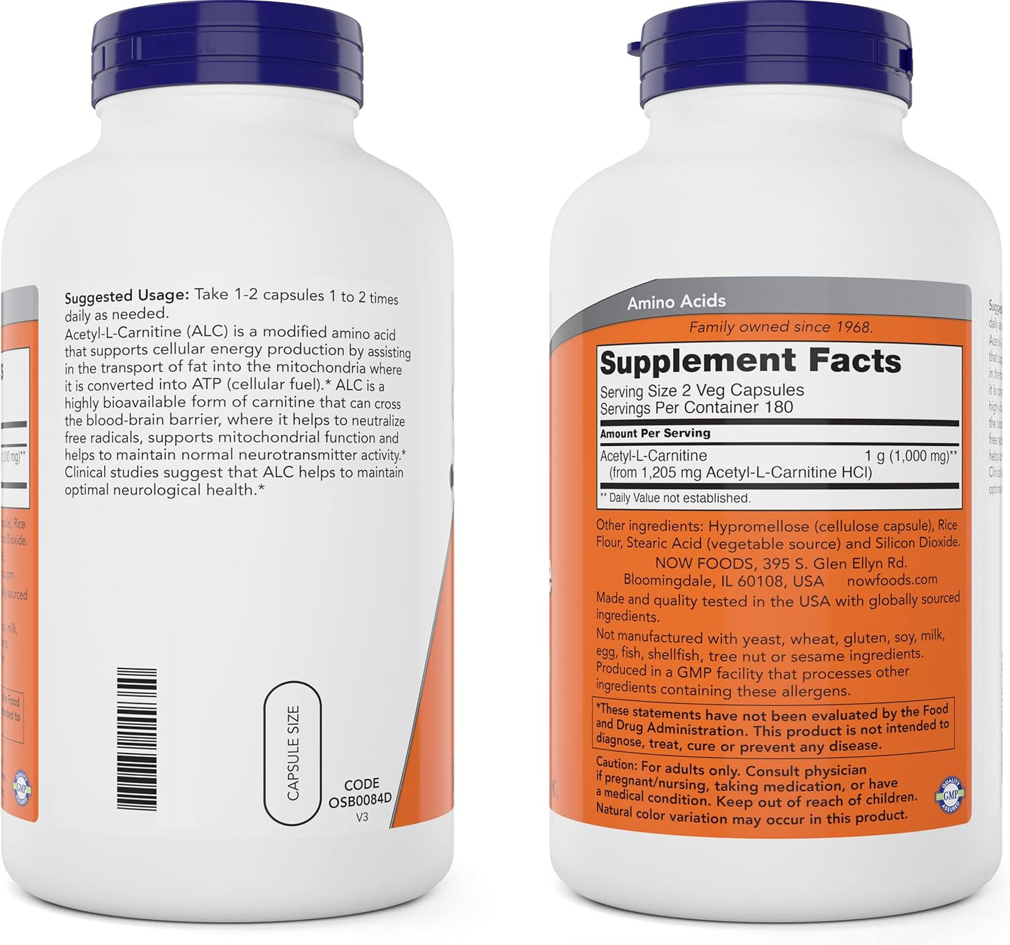 Non-GMO Acetyl L Carnitine 500mg Veg Caps - Pack of 2 - ACL 500 mg Supplement for Men and Women by NOW Foods