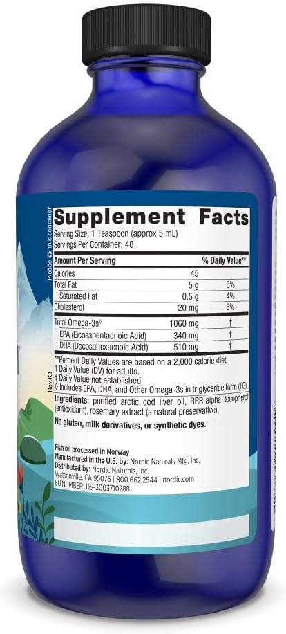 Non-GMO Arctic Cod Liver Oil - 8 oz Bottle with 1060 mg Total Omega-3s - Supports Heart, Brain, and Immune Health - Unflavored - 48 Servings