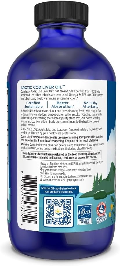 Non-GMO Arctic Cod Liver Oil - 8 oz Bottle with 1060 mg Total Omega-3s - Supports Heart, Brain, and Immune Health - Unflavored - 48 Servings