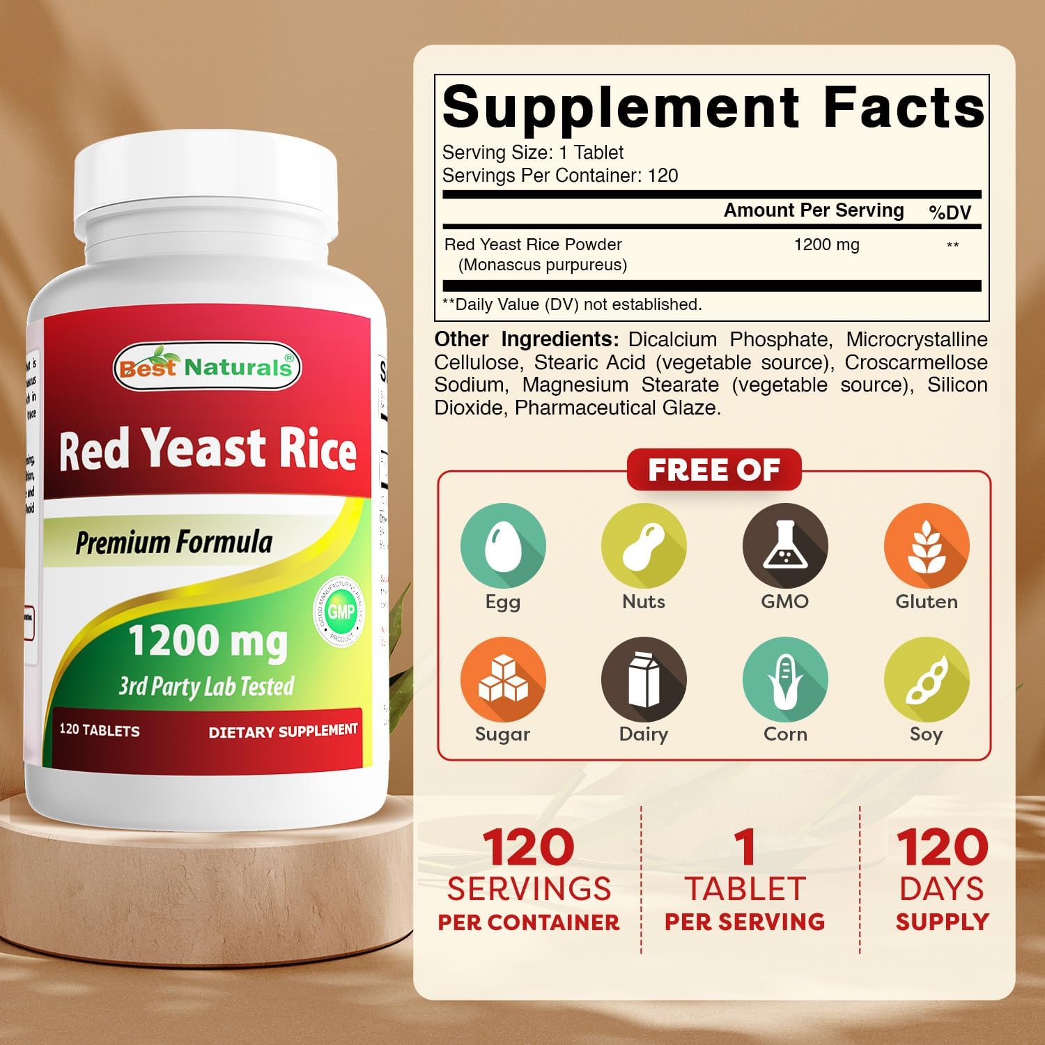 Non-GMO Best Naturals Red Yeast Rice 1200mg - 360 Tablets, Pack of 3