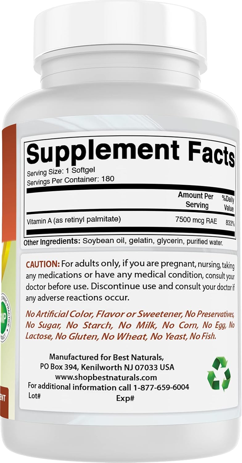 Non-GMO Best Naturals Vitamin A 25000 IU Softgels for Healthy Vision & Immune System, 180 Count Pack of 3
