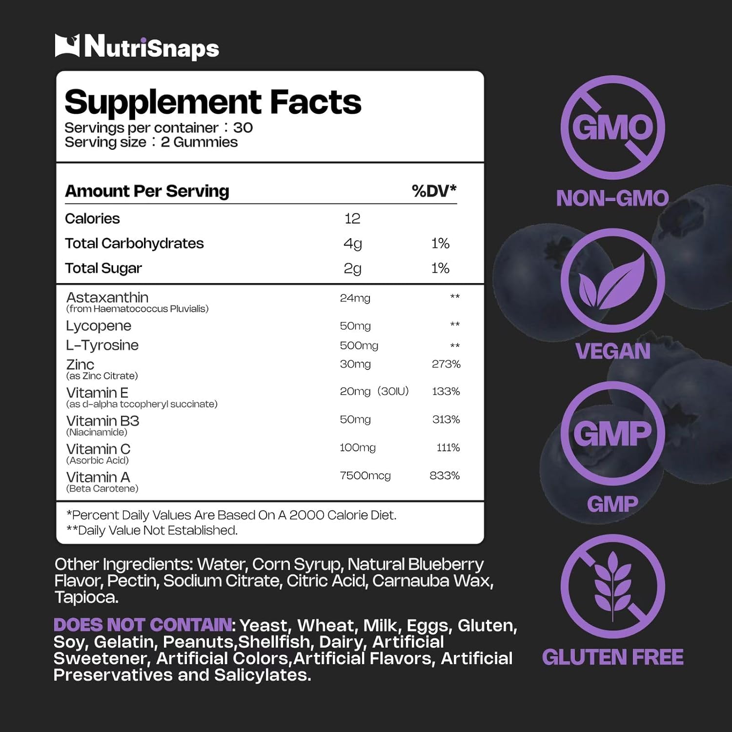 Non-GMO Blueberry Flavored Nutrisnaps Tanning Gummies for Skin Health and Pigmentation - 60 Gummies for Adults Women and Men