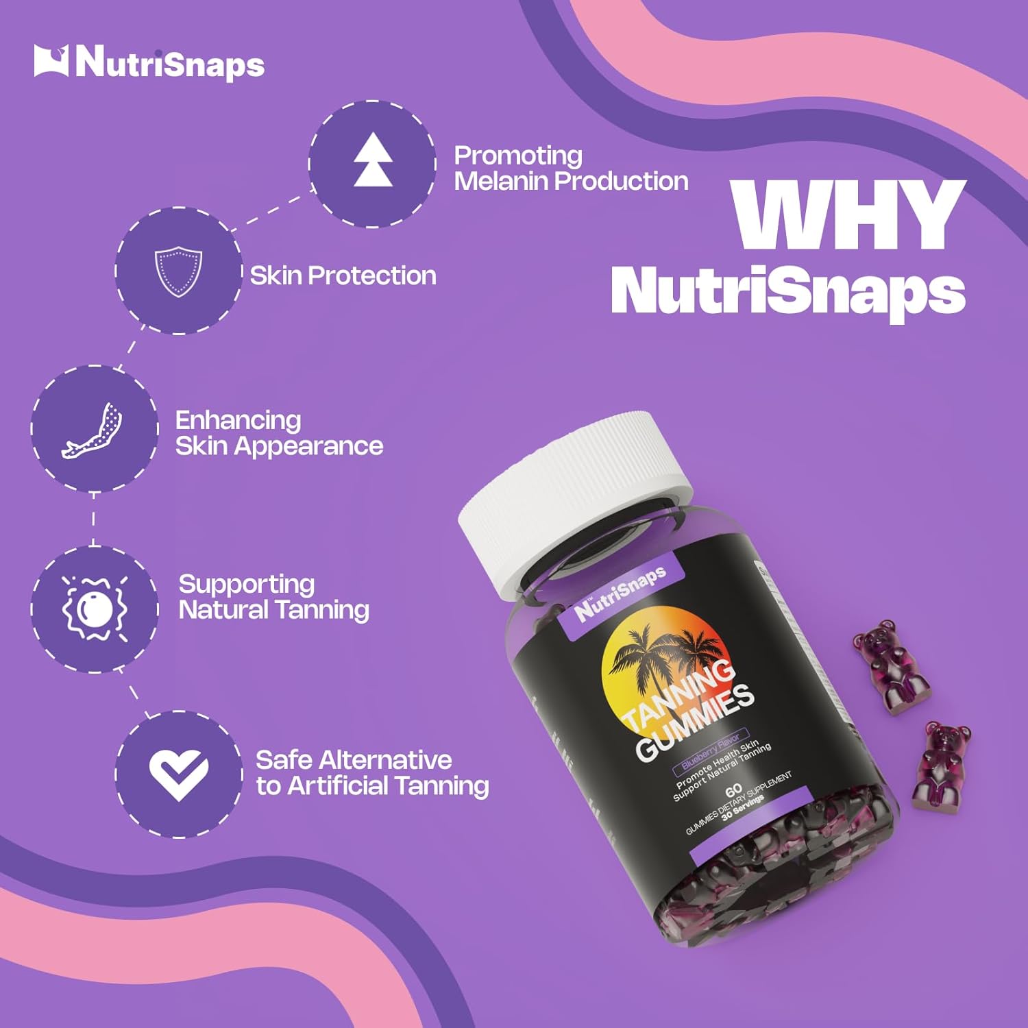 Non-GMO Blueberry Flavored Nutrisnaps Tanning Gummies for Skin Health and Pigmentation - 60 Gummies for Adults Women and Men