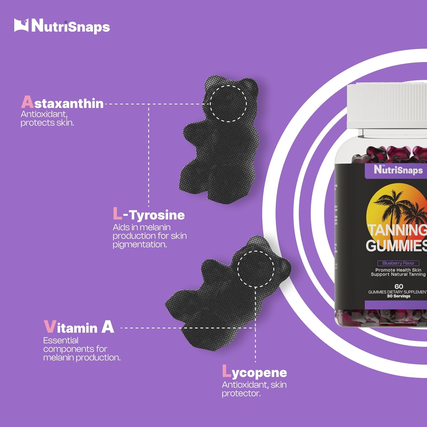 Non-GMO Blueberry Flavored Nutrisnaps Tanning Gummies for Skin Health and Pigmentation - 60 Gummies for Adults Women and Men