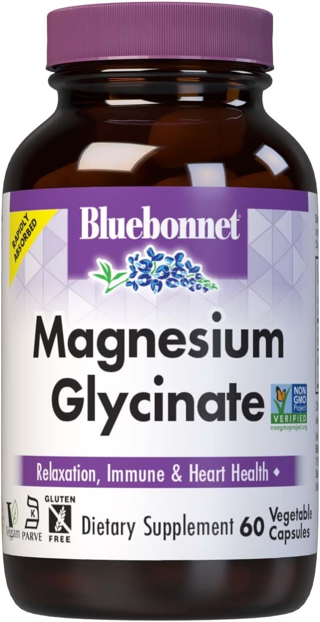 Non-GMO Bluebonnet Magnesium Glycinate Capsules for Energy Production and Enzyme Function - Vegan, Kosher, Gluten-Free, Soy-Free, Dairy-Free - 60 Capsules
