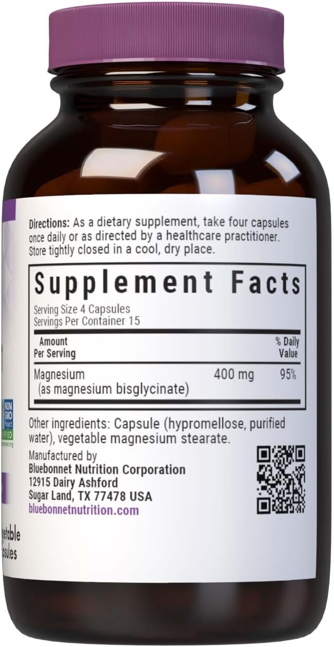 Non-GMO Bluebonnet Magnesium Glycinate Capsules for Energy Production and Enzyme Function - Vegan, Kosher, Gluten-Free, Soy-Free, Dairy-Free - 60 Capsules