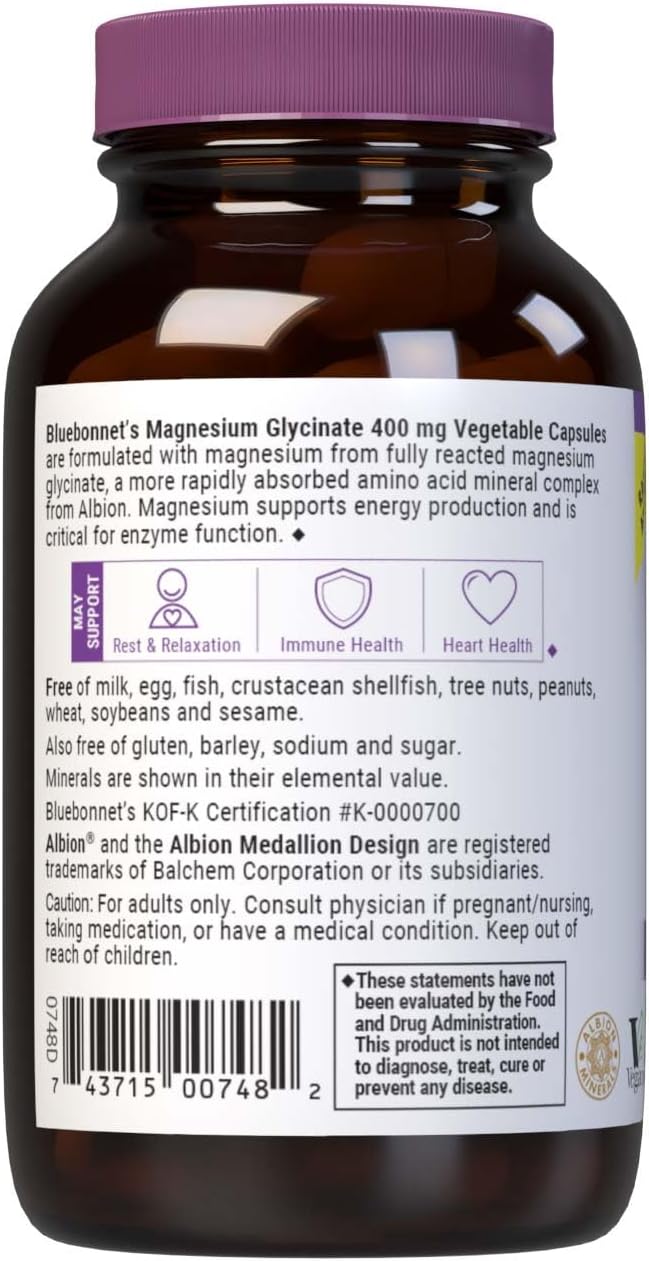 Non-GMO Bluebonnet Magnesium Glycinate Capsules for Energy Production and Enzyme Function - Vegan, Kosher, Gluten-Free, Soy-Free, Dairy-Free - 60 Capsules