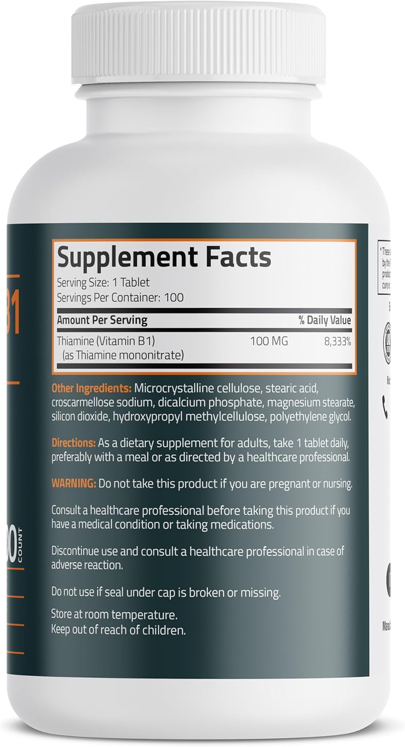 Non-GMO Bronson Vitamin B1 100mg - 100 Vegetarian Tablets