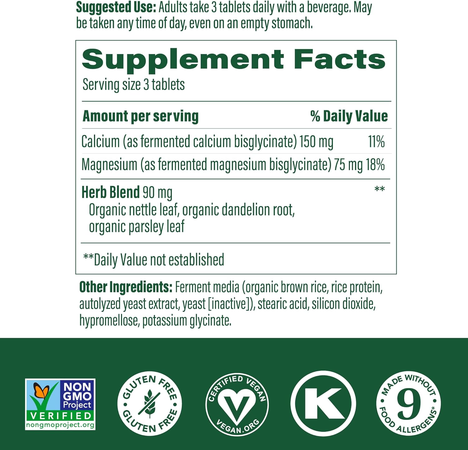 Non-GMO Calcium Magnesium Supplement with Fermented Magnesium Glycinate for Bone and Heart Health - 60 Tabs