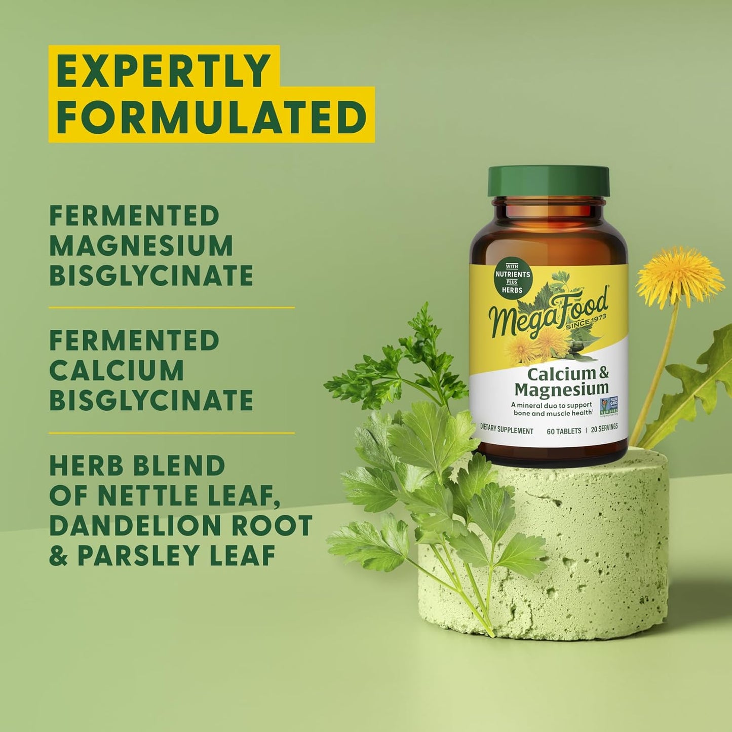 Non-GMO Calcium Magnesium Supplement with Fermented Magnesium Glycinate for Bone and Heart Health - 60 Tabs